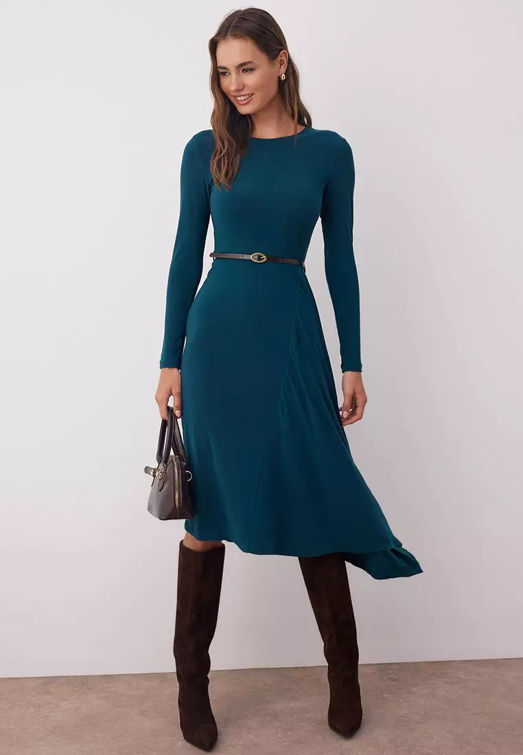 Belted A-Line Midi Dress