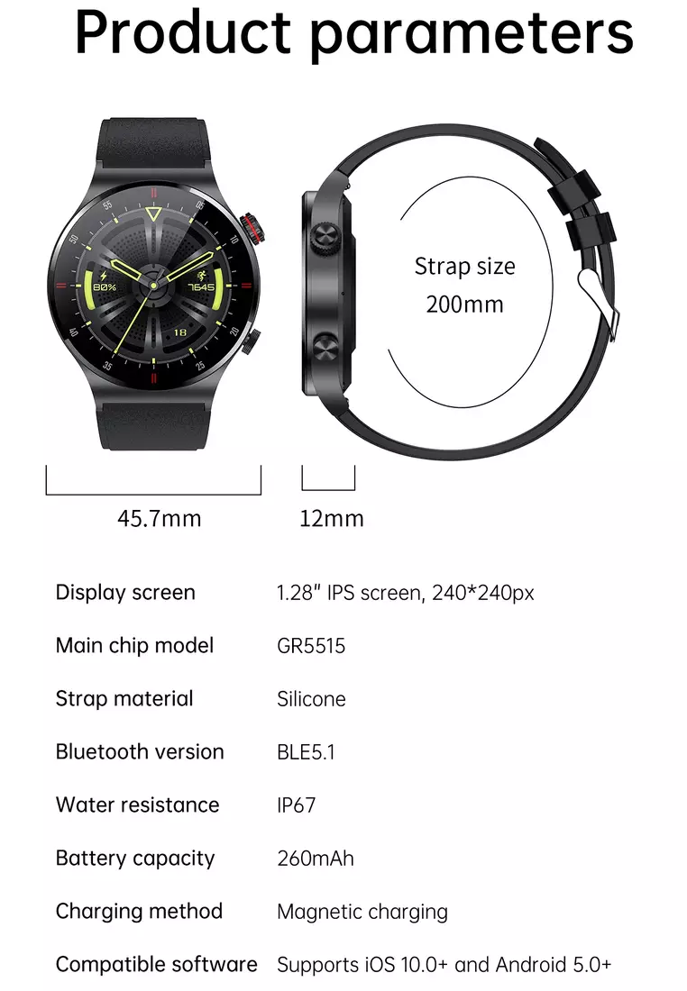 SmartWatch with Stainless Steel Bracelet + 1 Free Rubber Strap