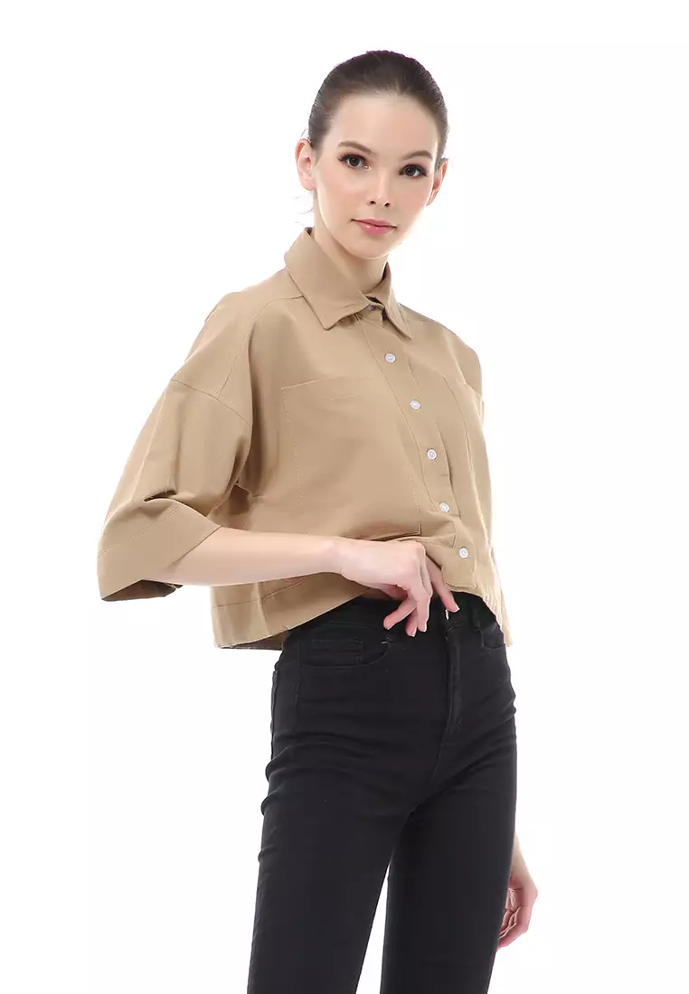 Brielle Atasan Wanita Kemeja Crop Oversize Shirt Lengan Panjang Material Linen ORIGINAL - Mocca