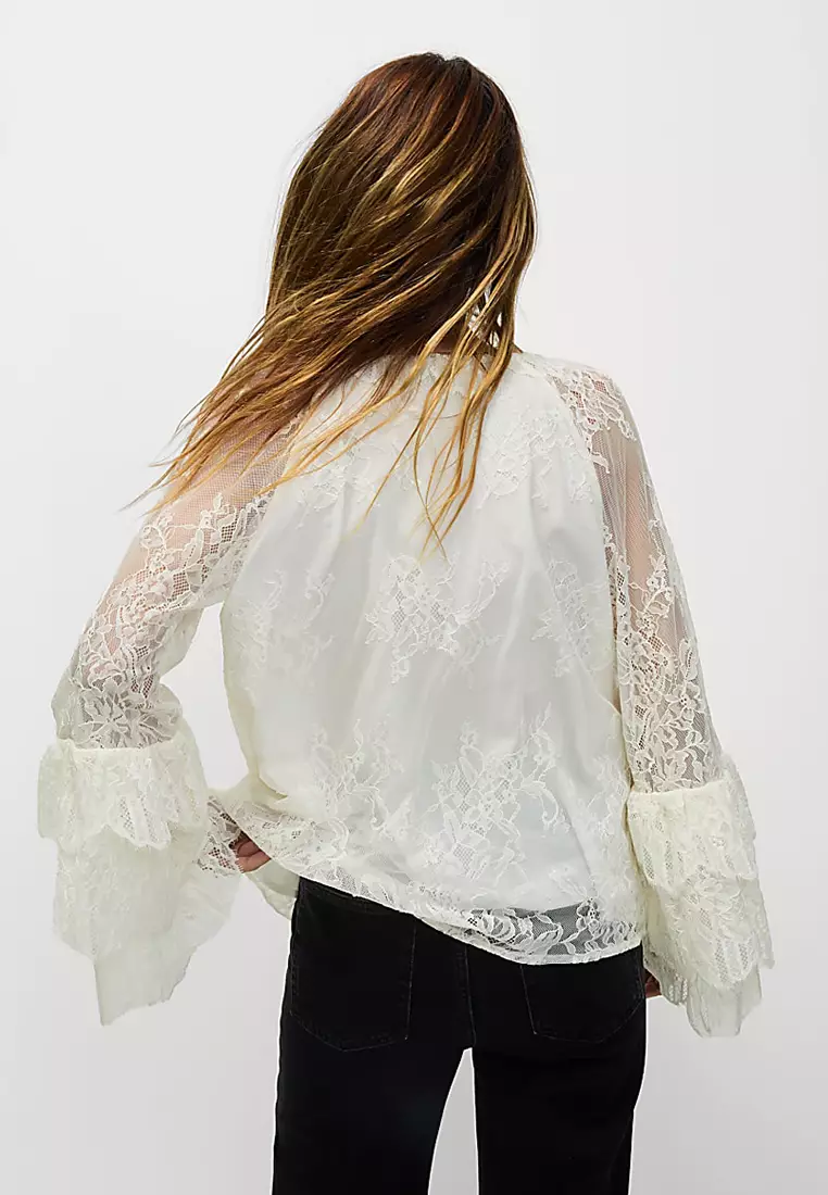 Lace Embroidered Tie Neck Blouse