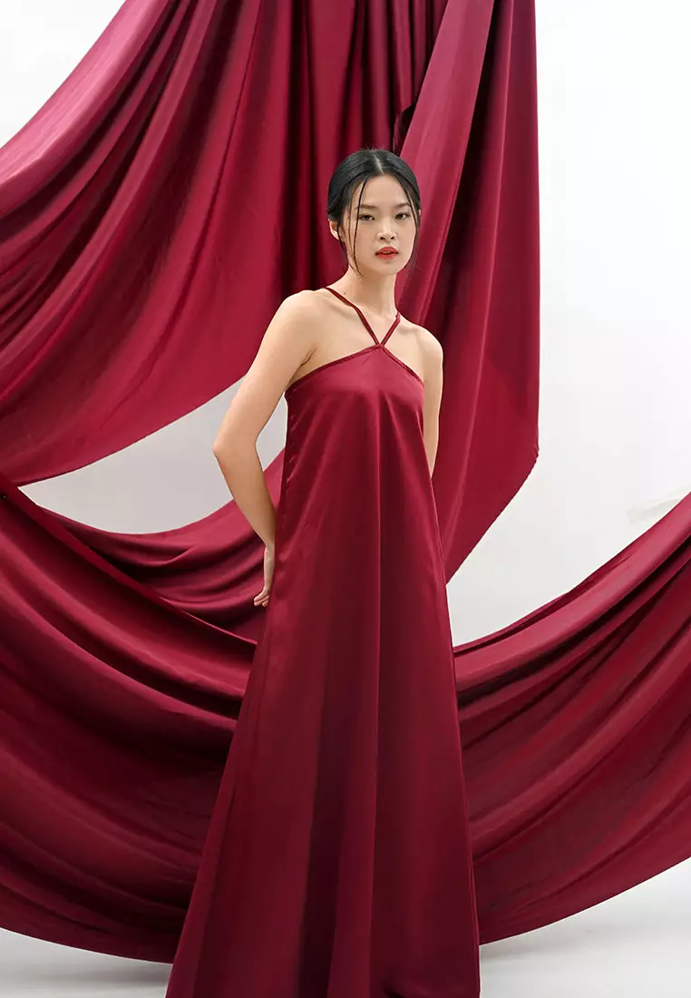 Halter Satin Maxi Dress in Maroon