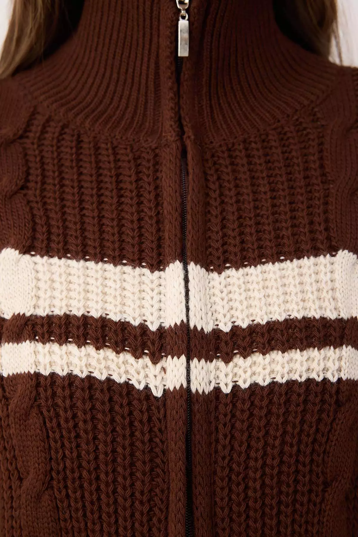 Brown Crop Block Stand Collar Knitwear Cardigan