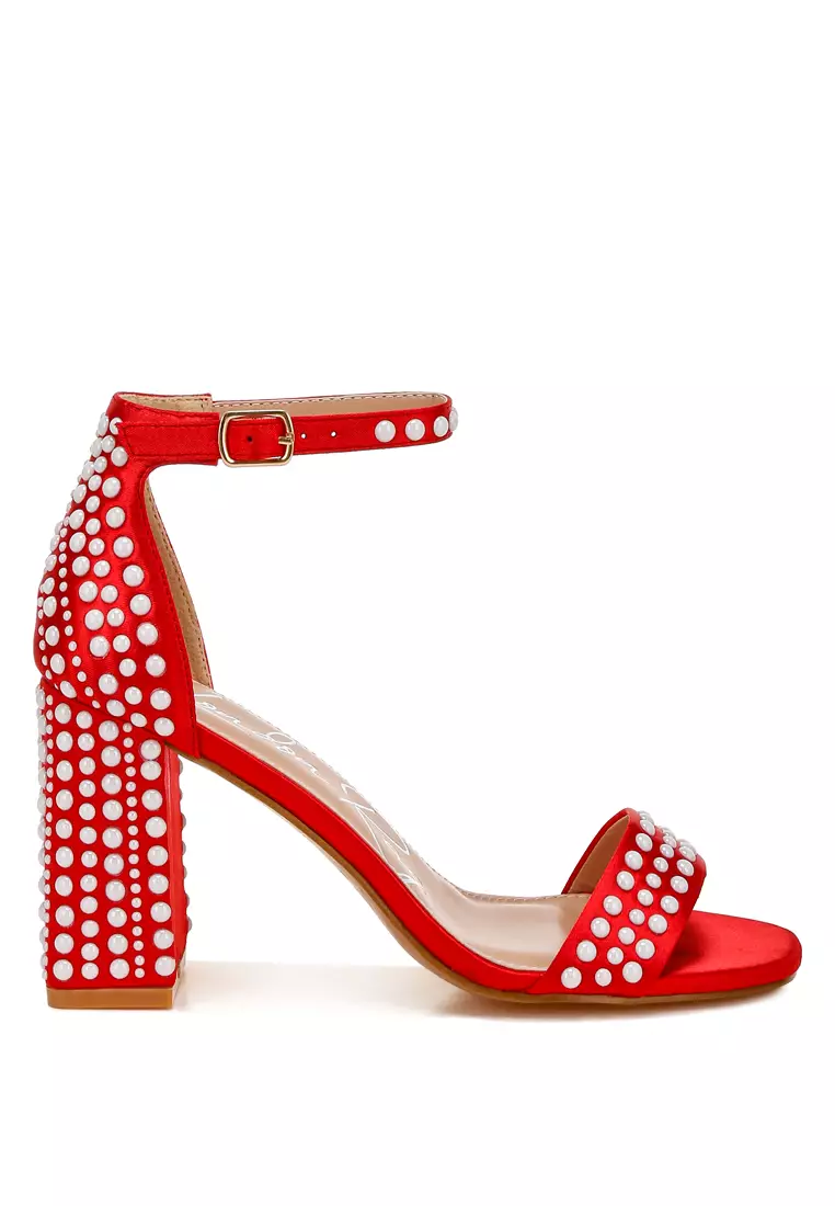 Discount on London Rag  shoes - SKU: Pearls Embellished Satin Sandals in Red
