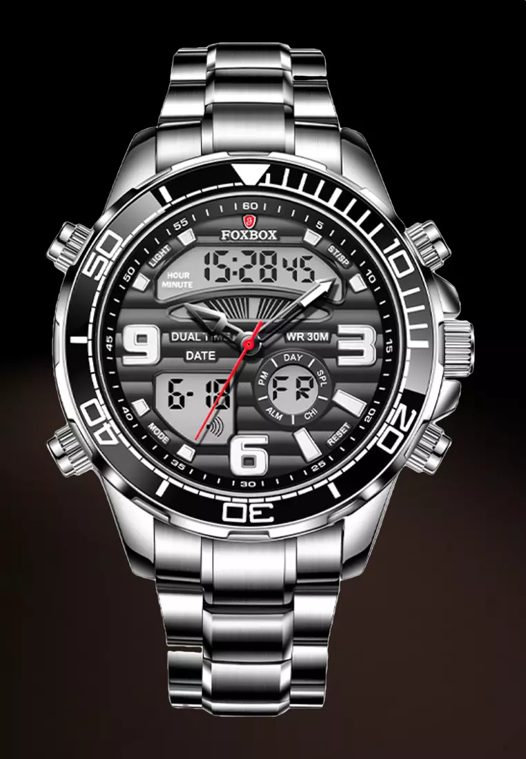 FOXBOX Unisex Stainless Steel Diver's Analogue/Digital Quartz Watch, Black Dial, Stainless Steel Bracelet, 30m Water Resistant