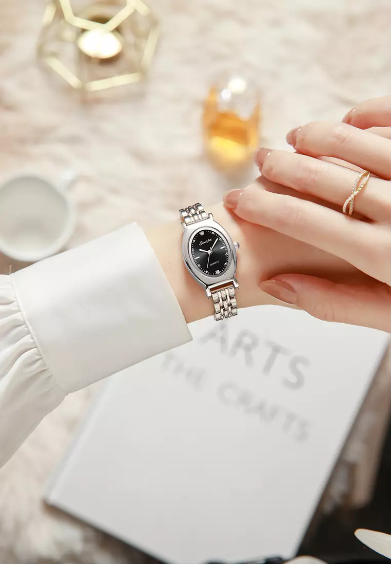 Jam Tangan Wanita Original Oval Korea Elegan Vintage Kuarsa Tali Alloy Jam Tangan CewekA008 silver black