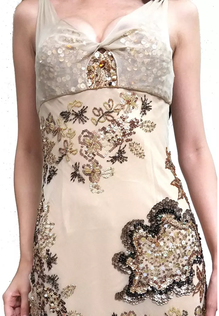 傳統優雅花卉釘珠真絲連衣裙