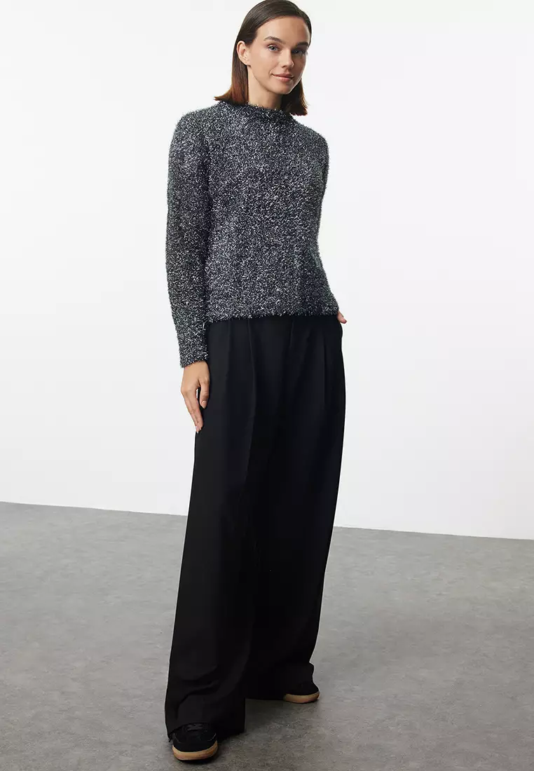 New Year's Themed Anthracite Glitter Knitwear Sweater