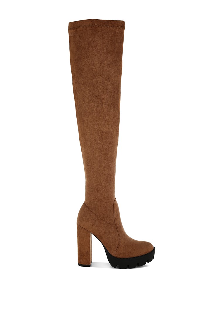 Tan High Block Heeled Faux Suede Long Boots