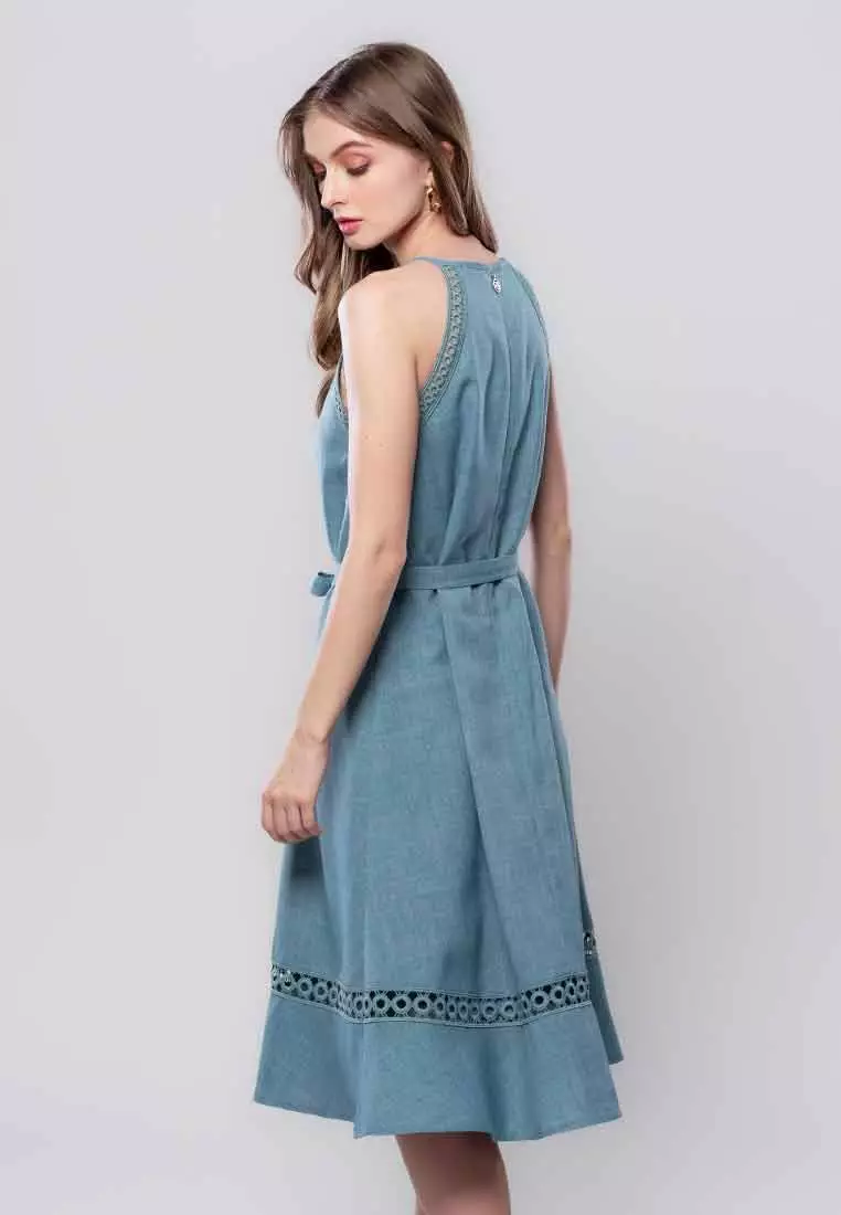 Rosaline Halter Sleeveless Dress with Trimming Detail and Sash Belt