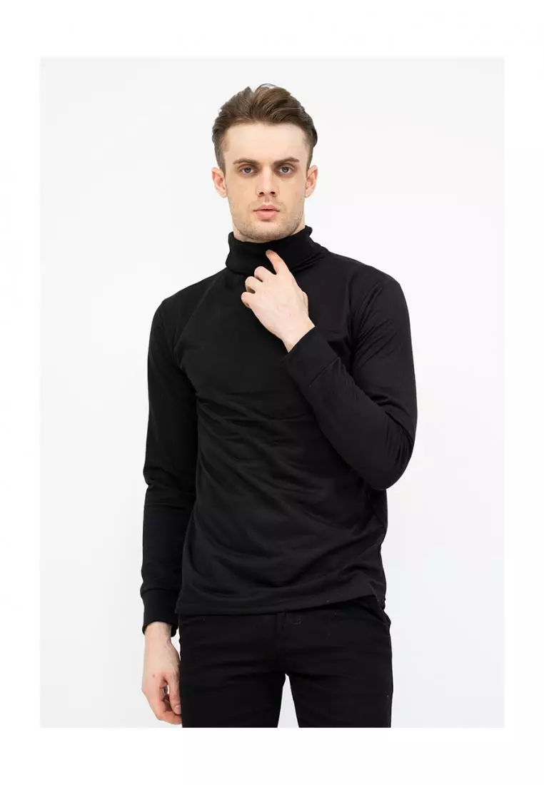 Turtle Neck pria lengan panjang hitam kaos kerah tinggi slim fit houseofcuff