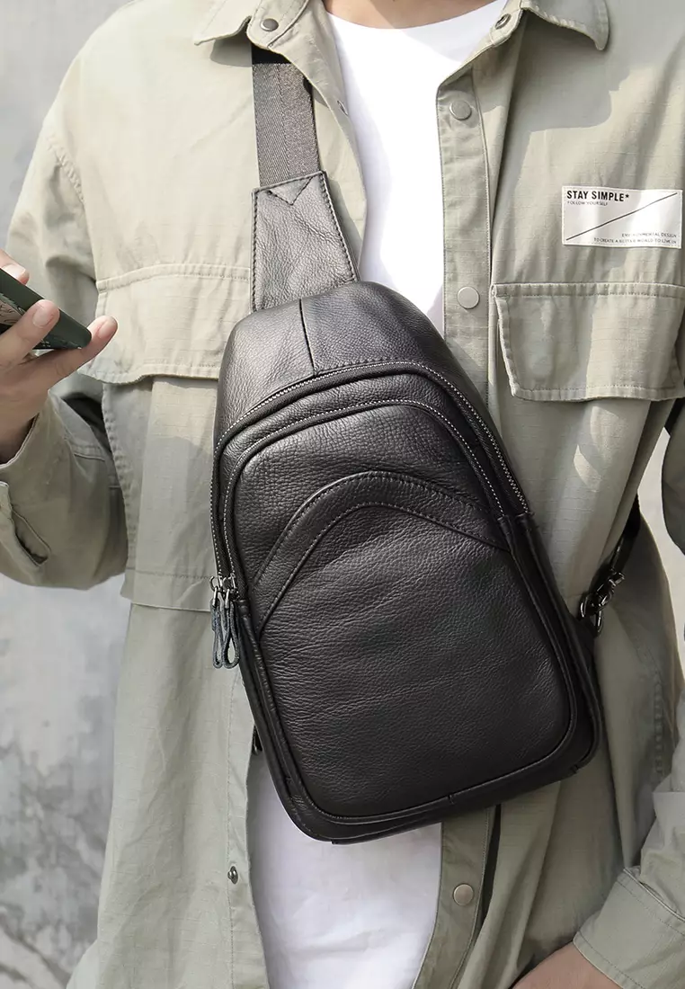 Men's Soft Cow Leather Zipper Belt Bags Chest Bags