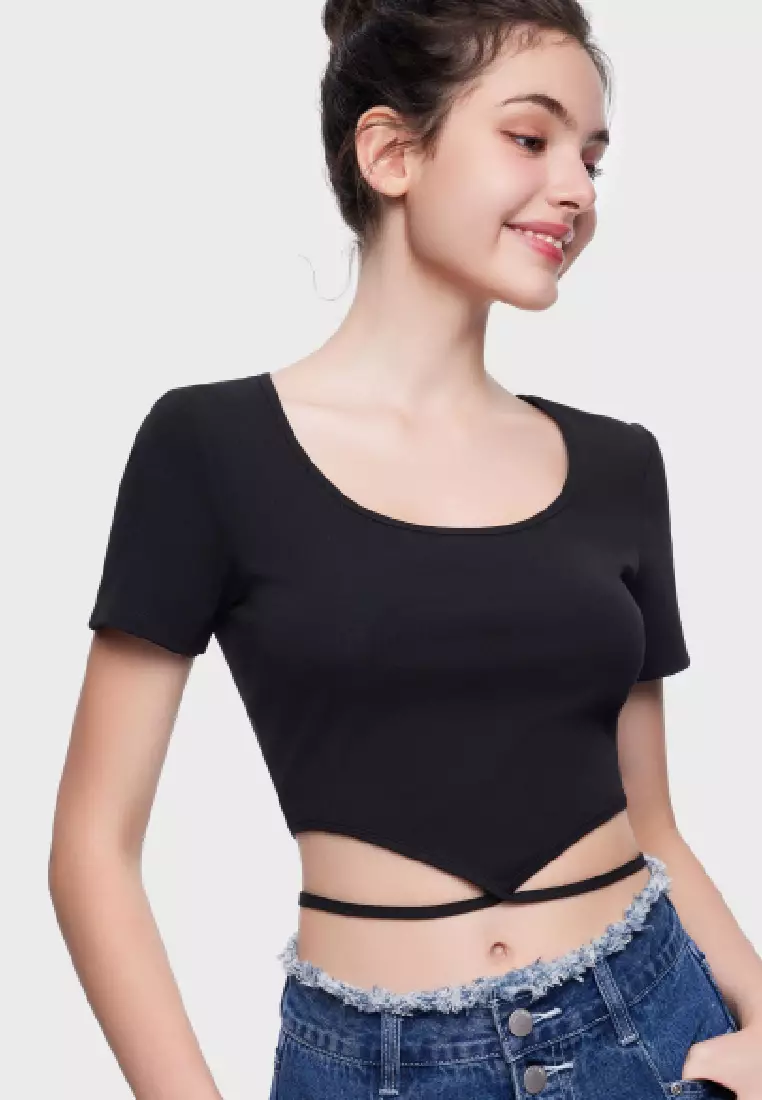 RUBINA SHORT SLEEVE SQUARE NECK CROPPED TEE TRIANGLE-SHAPED CROP TOP FOR WOMAN GIRL TP10382