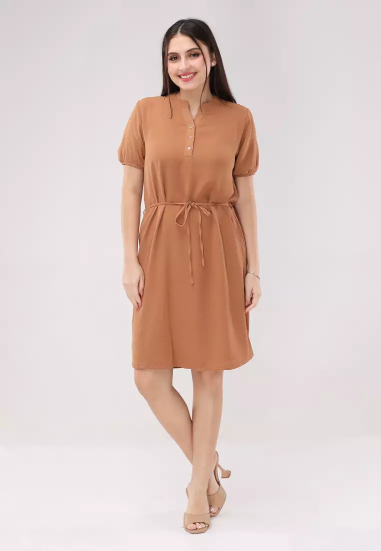 Wrinkled Linen Woven Short Sleeves Dress