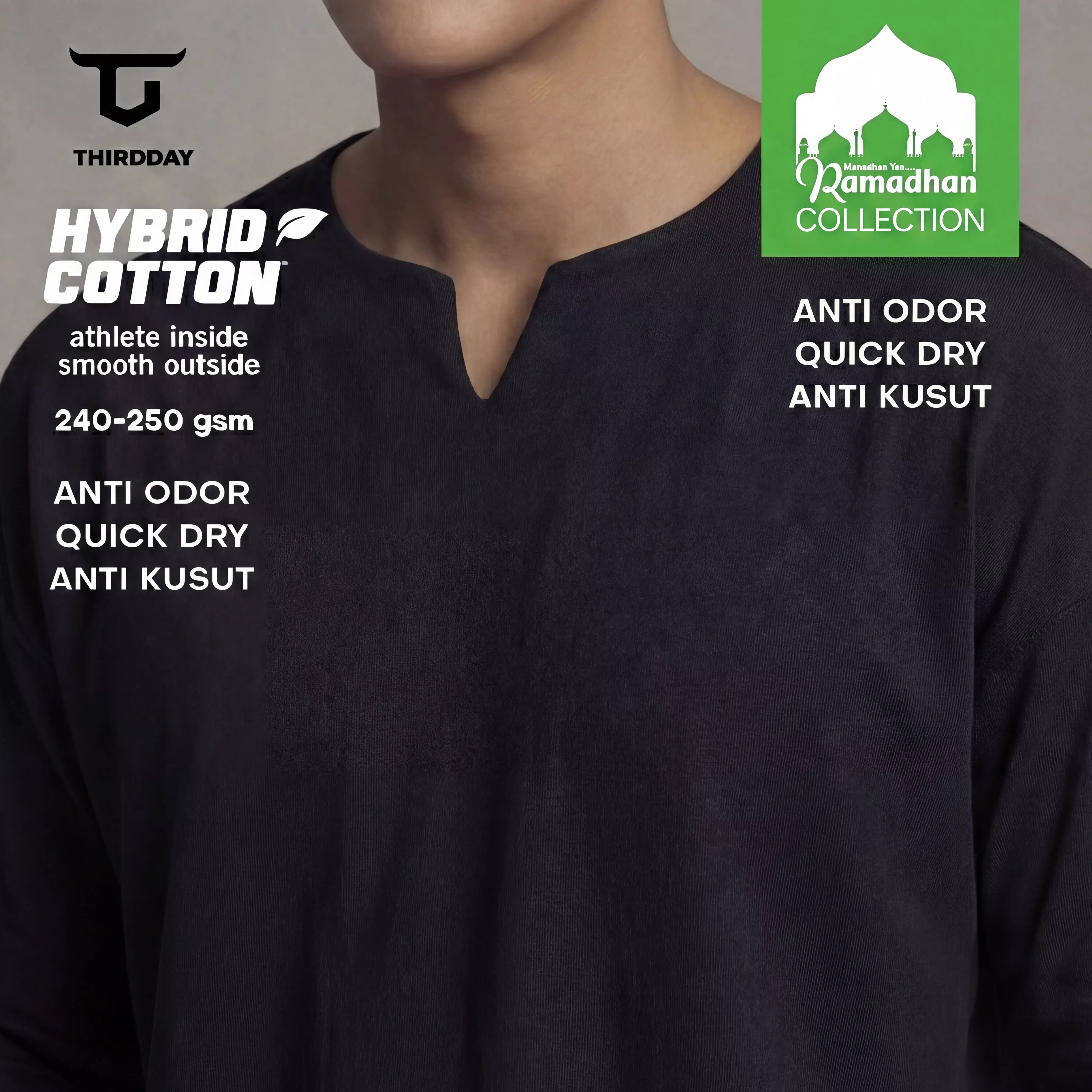 THIRDDAY Baju Koko Oversize Pria Lengan Panjang Kalcer Hybrid Cotton 240gsm hitam MTZ17