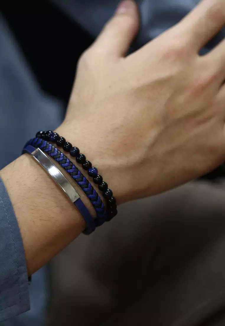 Men's Blue Leather and Bead Bracelet