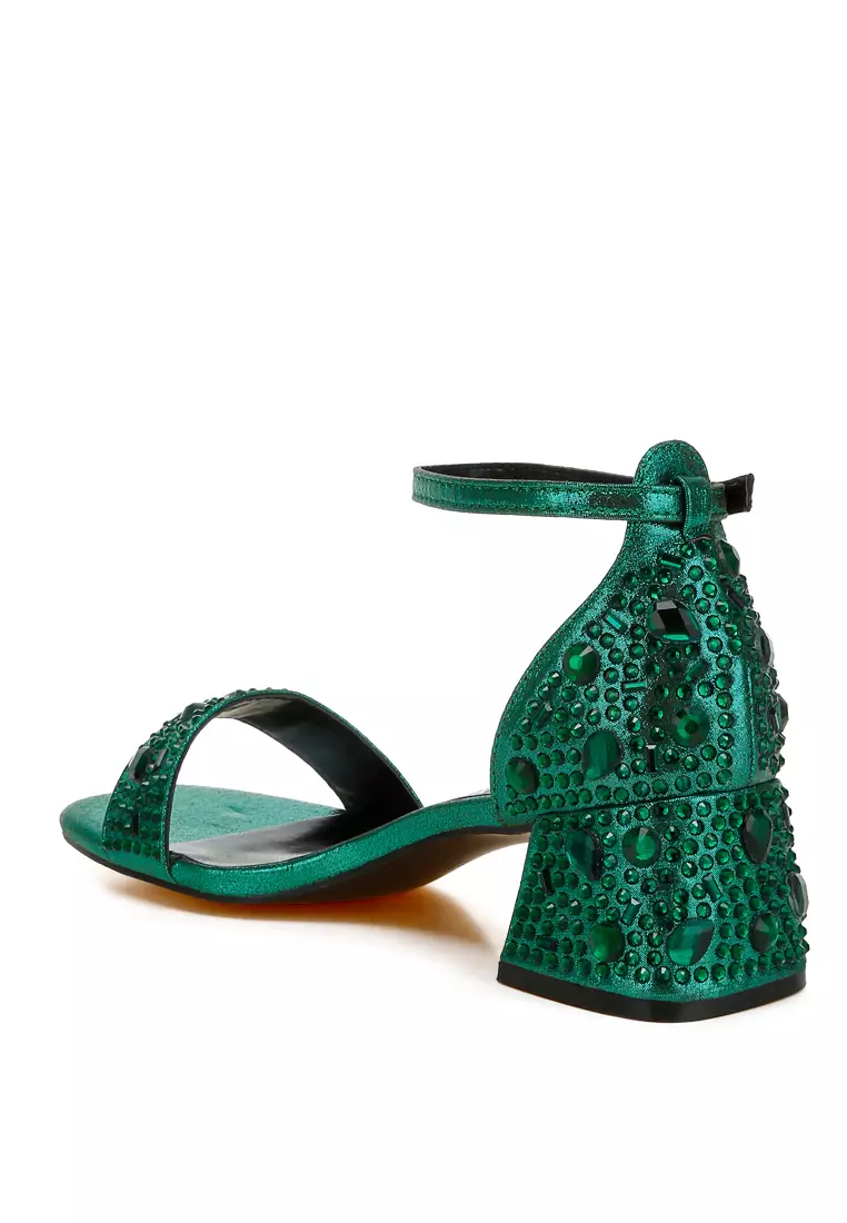 Rhinestone Embellished Shimmer Sandals in Green