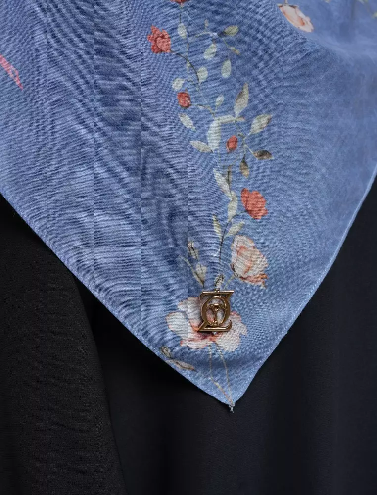 FLEUR Scarf Blue - Kerudung Hijab Segiempat Motif With BOX - Bahan Nesla - Ukuran 115x115