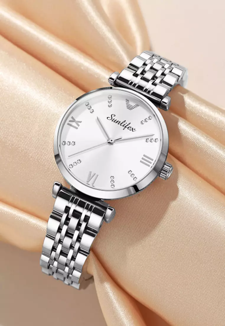 Jam Tangan Wanita Berlian 9018 Original Anggun Santai Wanita Tali Stainless Steel Jam Tangan Cewek white