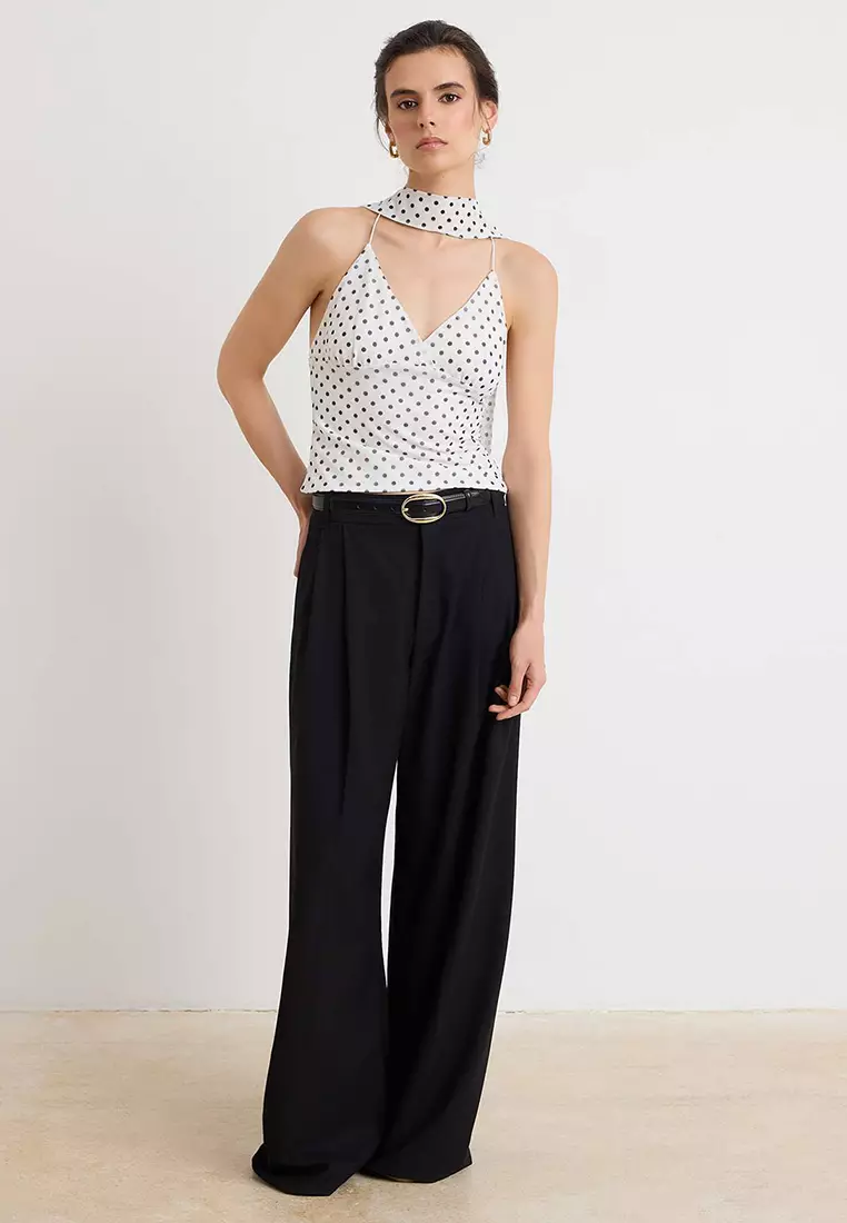 Multi-Colored Polka Dot Pack Fitted Halter Neck Tie-Detail Accessory Detail Tulle Knitted Blouse Twoss26Bz488