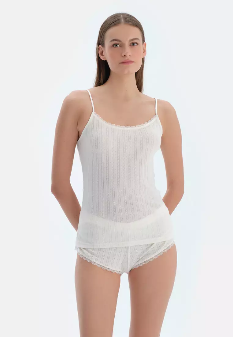 Ecru Tanktop, Geometric Print, V-Neck, Regular, Strappy Underwear for Women