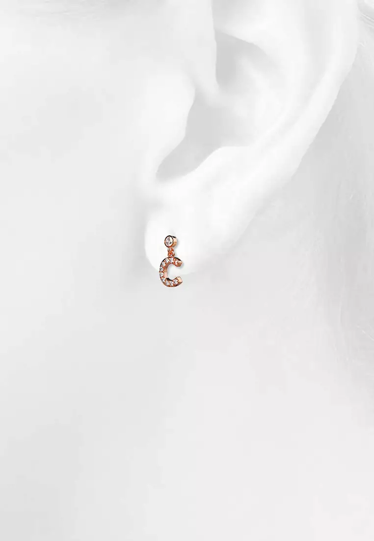 Solid 925 Sterling Silver Initial Crystal Personalised Alphabet Letter Earrings Rose Gold - C