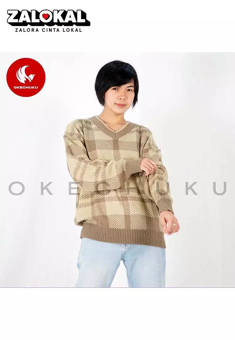 KINAN Knit Sweater Rajut Unisex V Neck Sweater Pria Wanita - Mocca