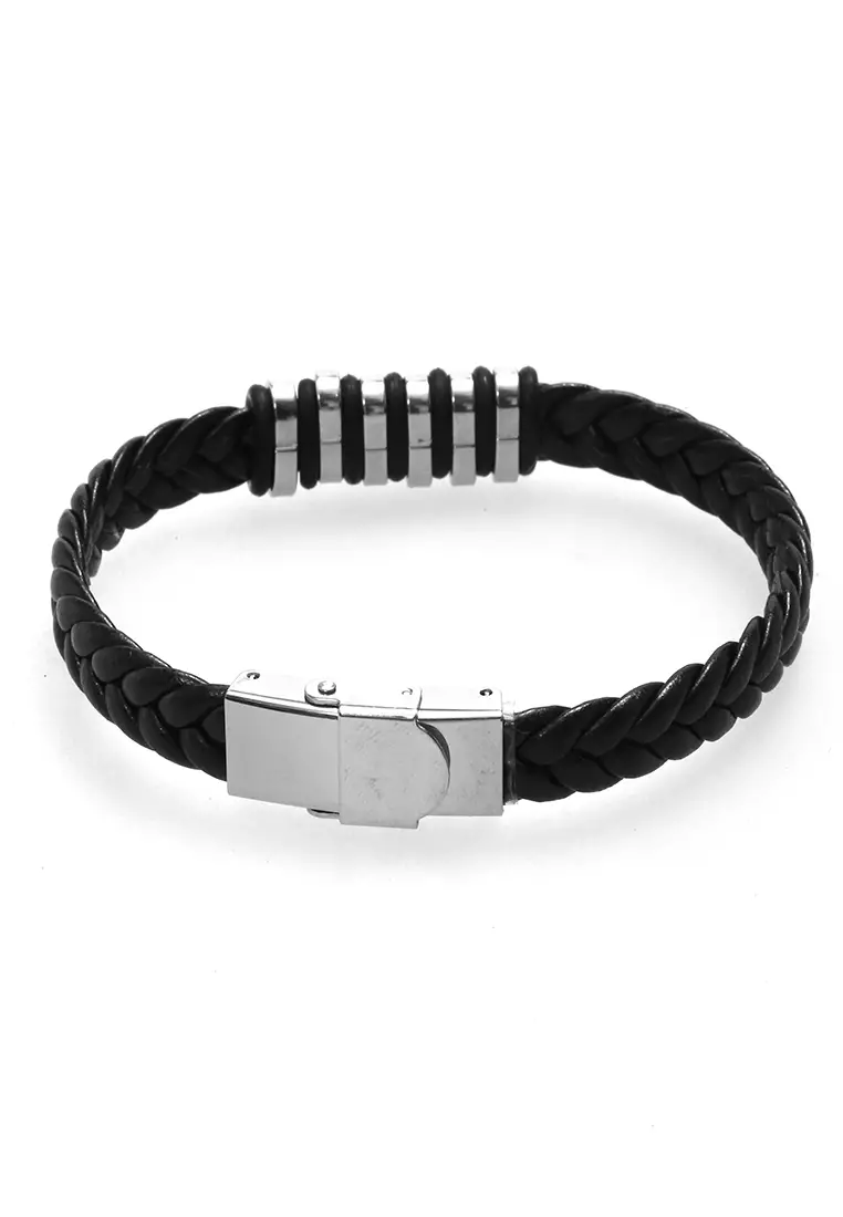Aleda Gelang Kasual Pria Aksesoris Fashion Adjustable Strap Elegant Design Material Leather Stainless Steel ORIGINAL - Black Silver