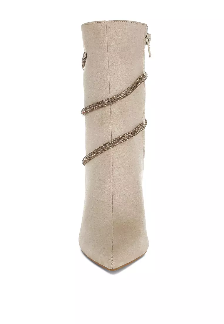 Rhinestone Wrap-Around Stiletto Boots in Beige