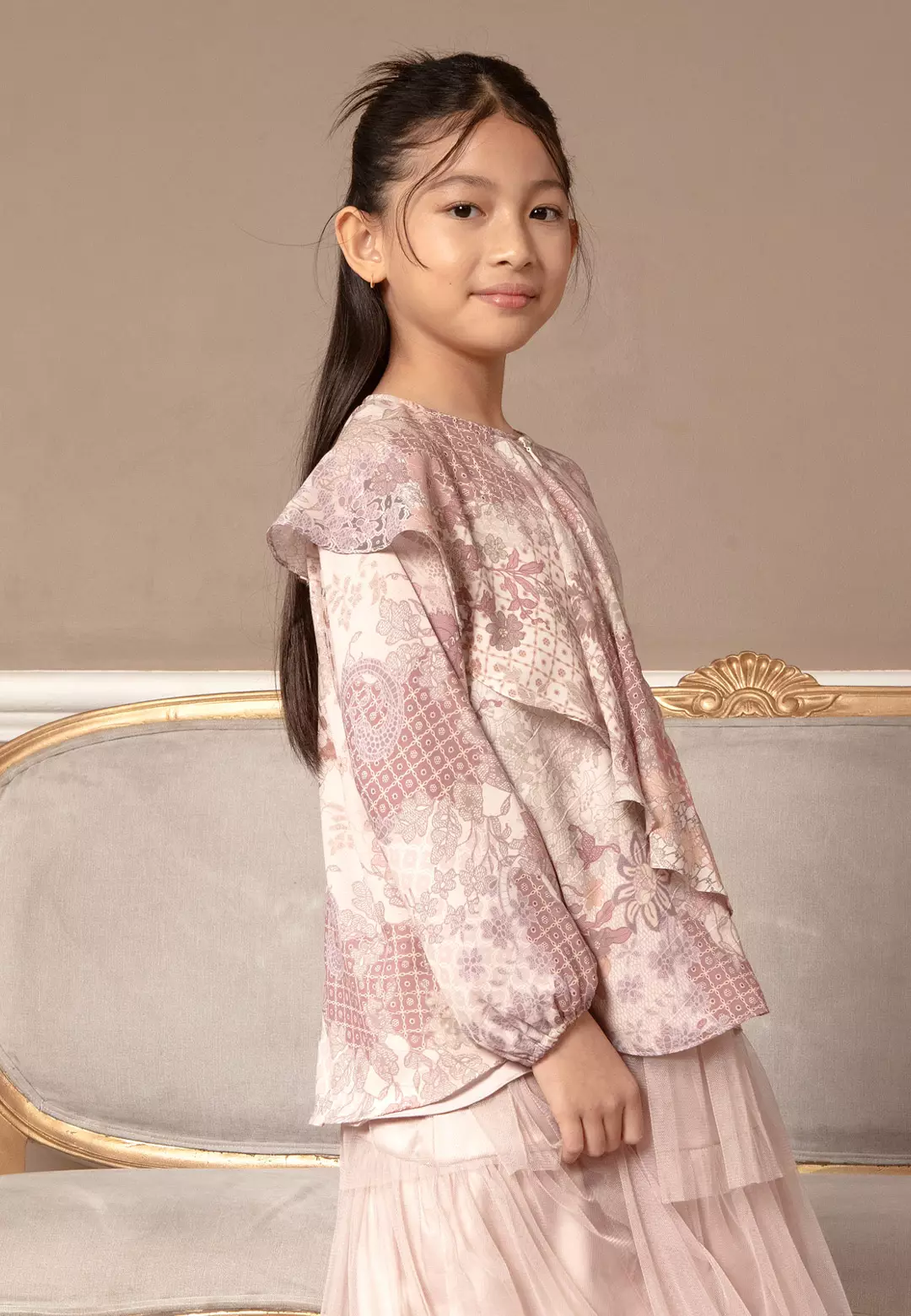 HijabChic Rosie Girl Top Peach - Baju Lebaran Motif Anak Perempuan