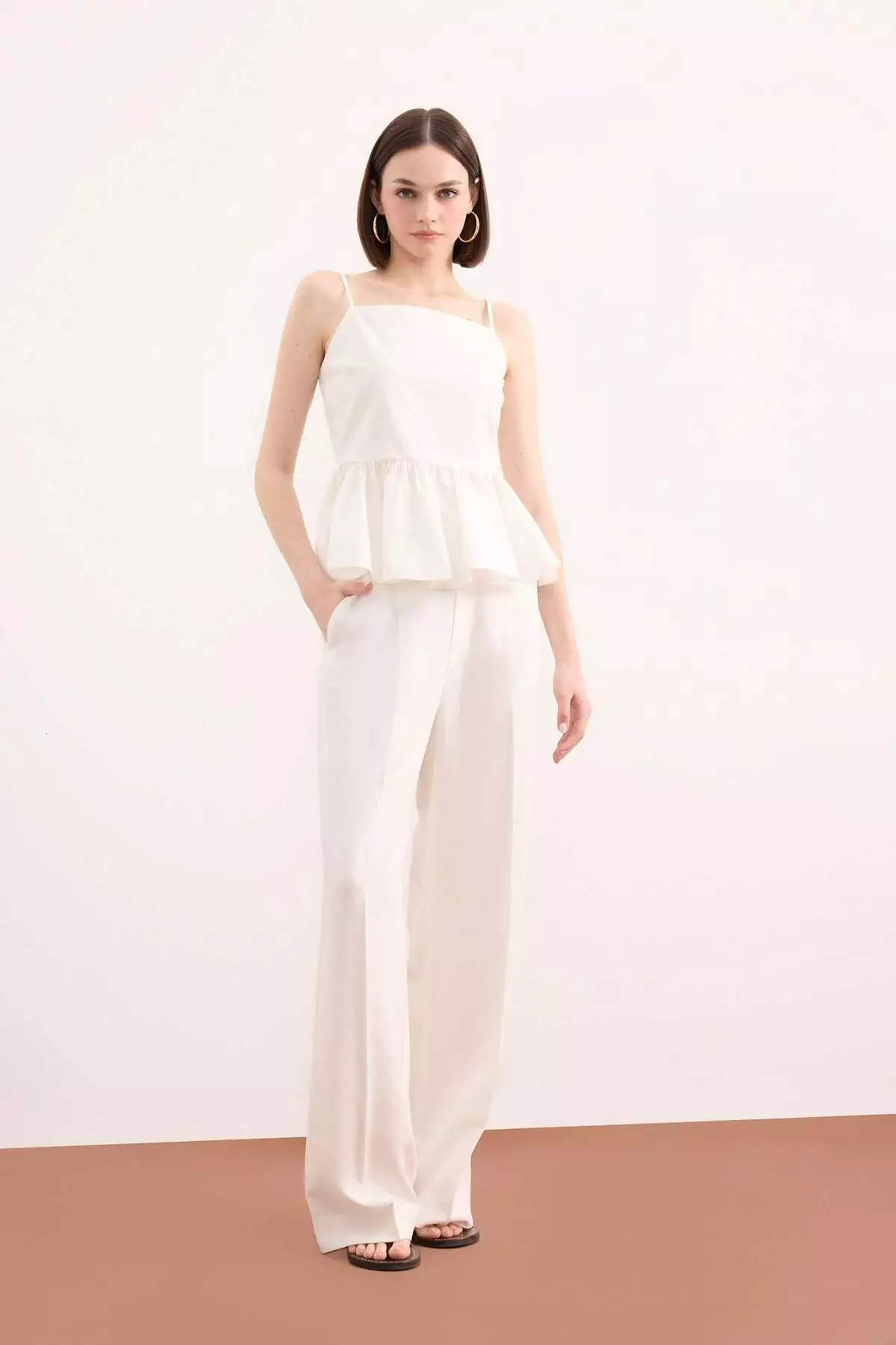 Fitted Flounce Poplin Strap White Blouse F2317Ax25Sm