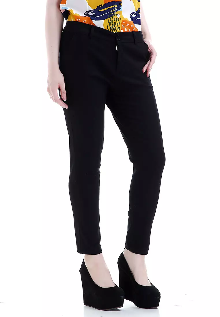 Tinsley Celana Chino Bawahan Wanita Kasual Motif Solid Long Pants Woman - Hitam