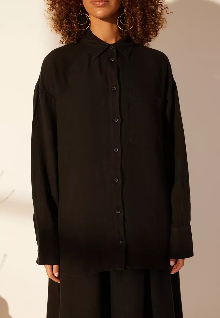 Black 1% Linen Pocket Detailed Oversized Shirt Twoss26Go39