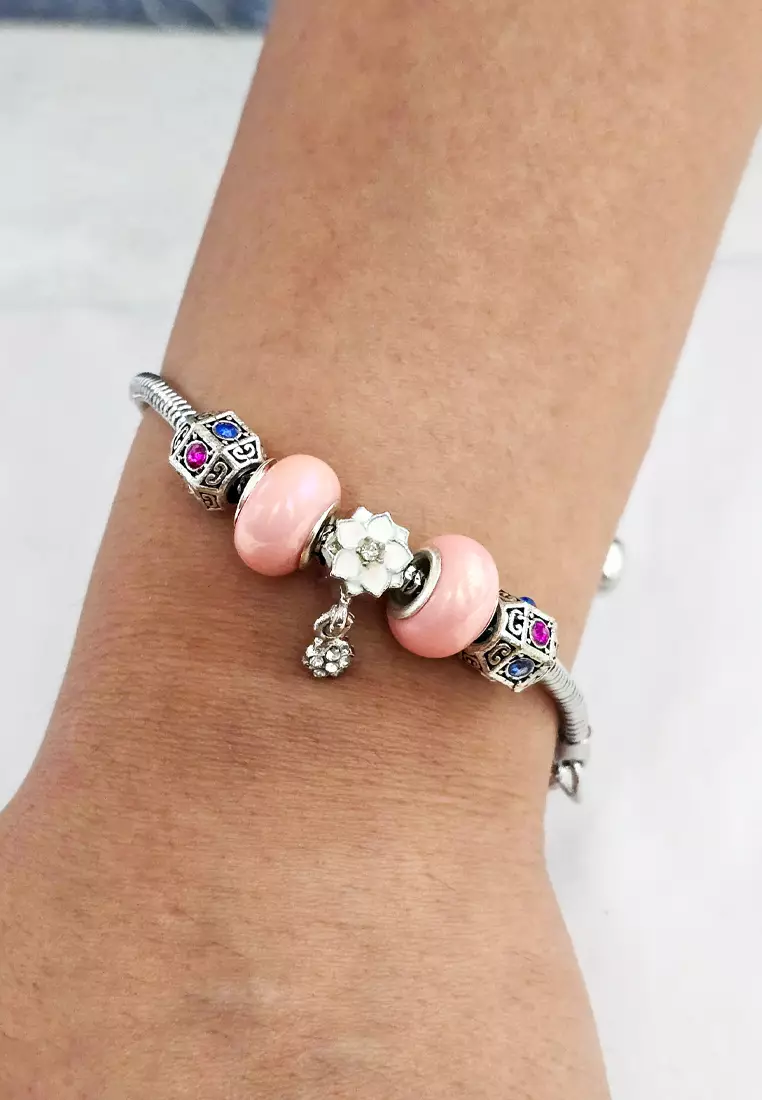 Accessories Wanita Diamante Cubic Pomora Charm Bracelet Gelang Wanita Silver & Pink