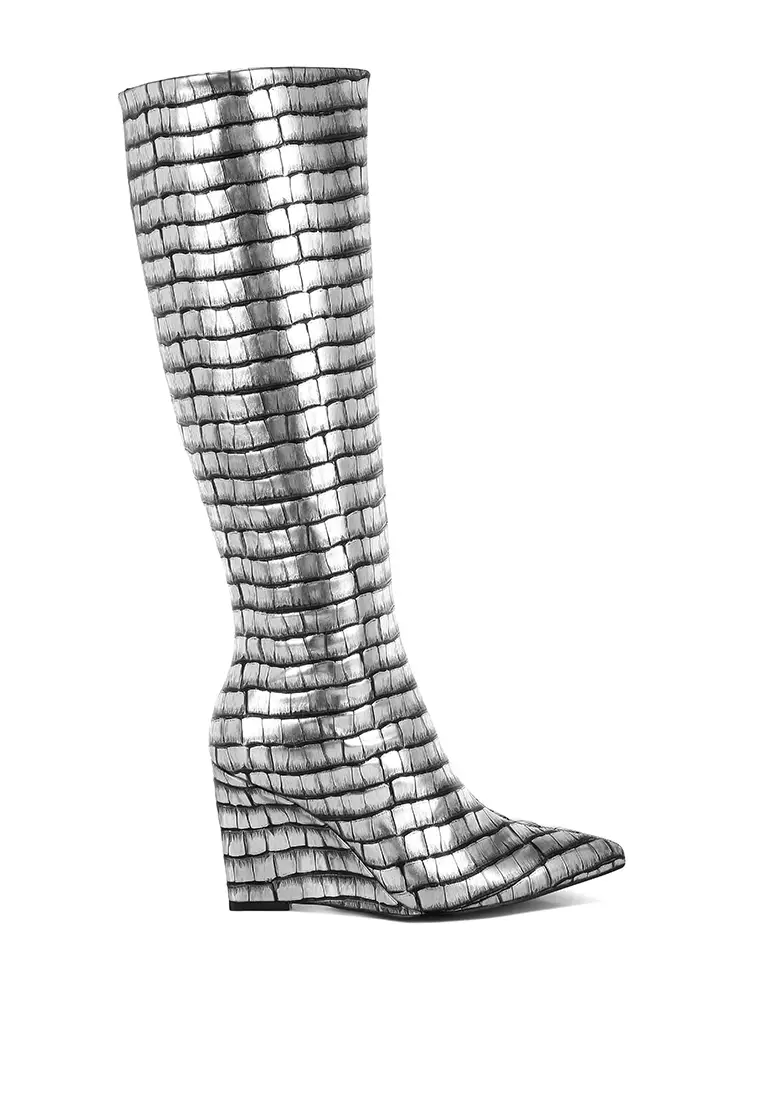 Discount on London Rag  shoes - SKU: Croco Metallic Long Boots in Black