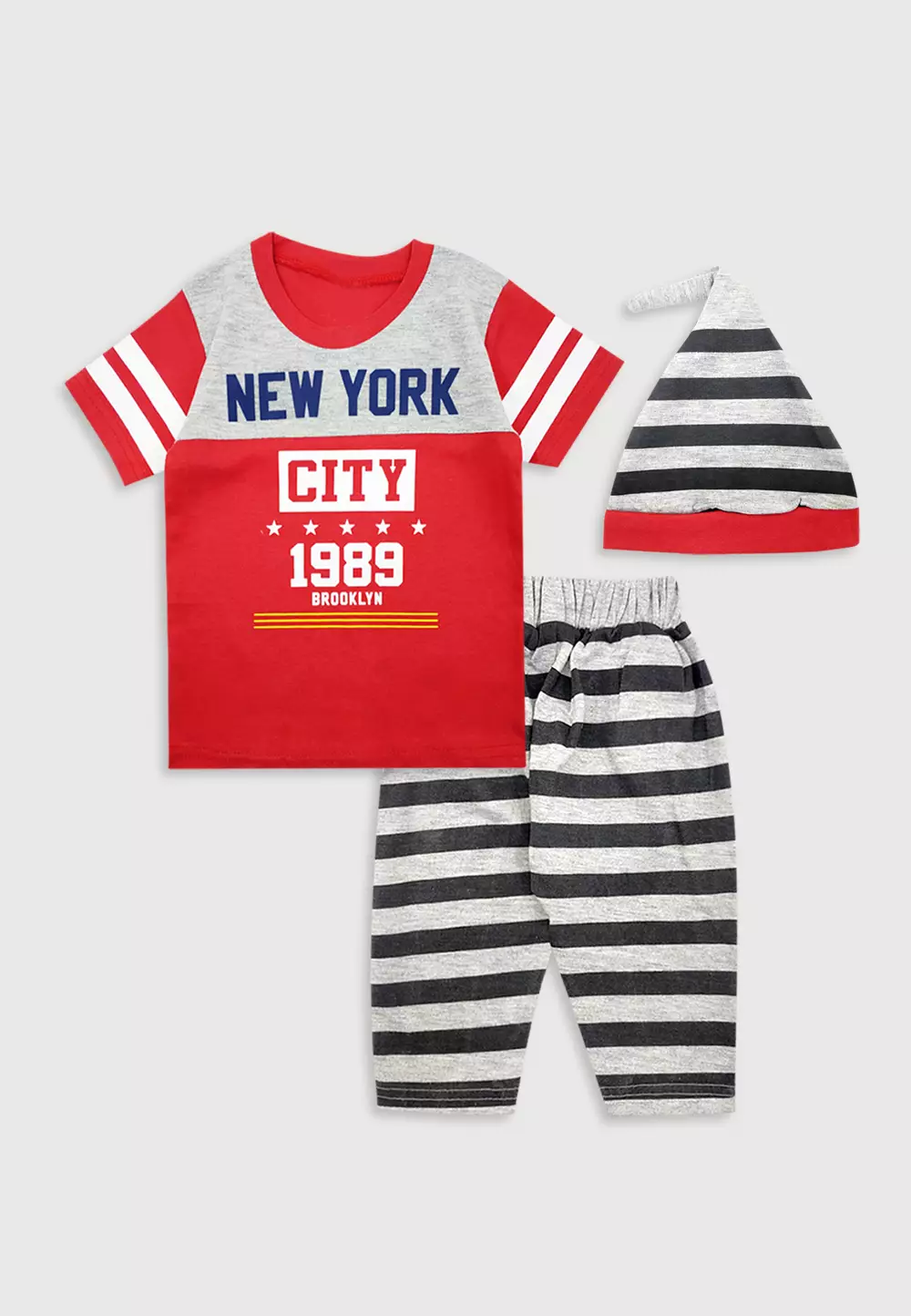 Wakakids Baju Bayi Anak Laki Laki Lengan Pendek Motif New York Setelan Celana 3/4 Dengan Topi Usia 12 Bulan Hingga 18 Bulan 3005 Merah