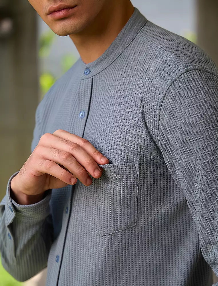 OXCON kemeja Tangan Panjang Waffle Kerah Collarless Sage Grey