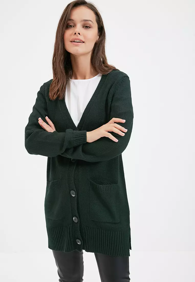 Dark Green V-Neck Long Knitwear Cardigan with Pocket Detail with Buttons