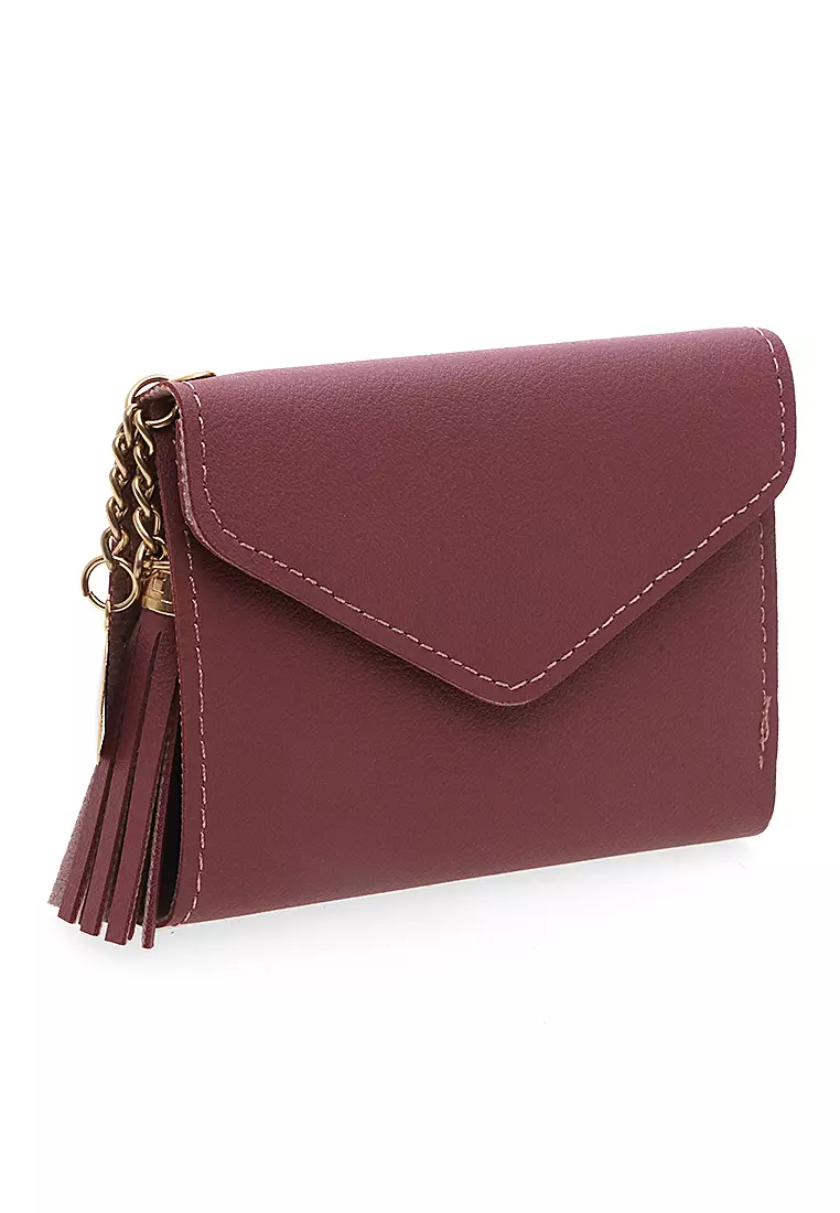 Dompet Wanita Aksen Rumbai Motif Solid Design Pastel Detail Kancing Snap - Pink Tua