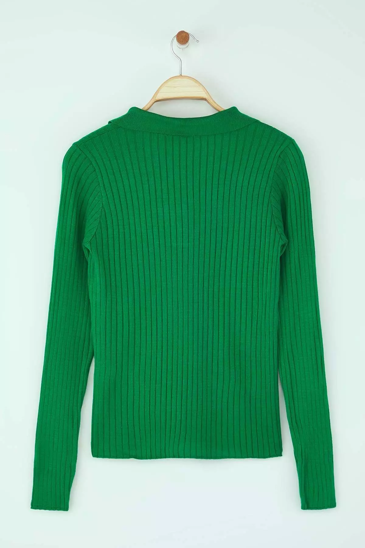 Emerald Green Striped Sleeve Detail Polo Collar Knitwear Sweater Twoaw21Kz1113