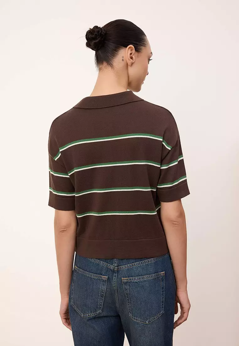 Brown Wardrobe Essentials Summer Yarn Ç Striped Polo Collar Knitwear Blouse Twoss26Bz127