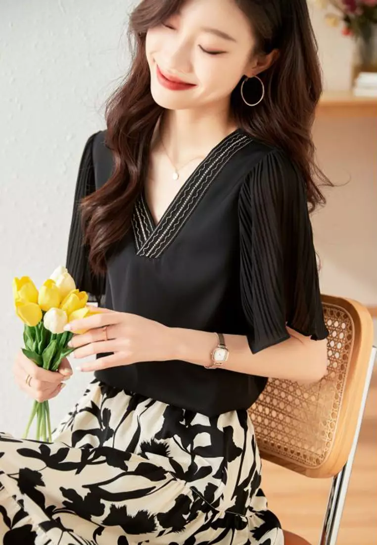 Angcoco Women's Cutout Front Slit Flared Long Sleeve Blouse Tops
