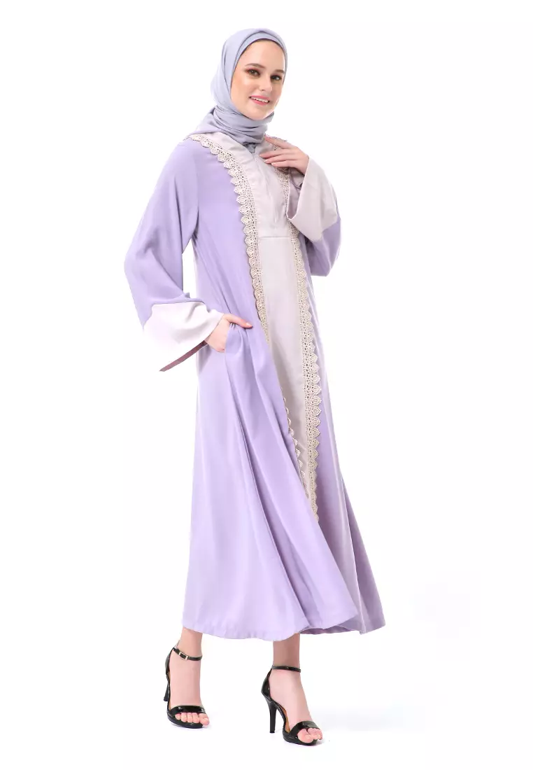 Catlana Long Hidden Pocket Abaya Turkey Variasi Renda Premium High Quality - Lavender