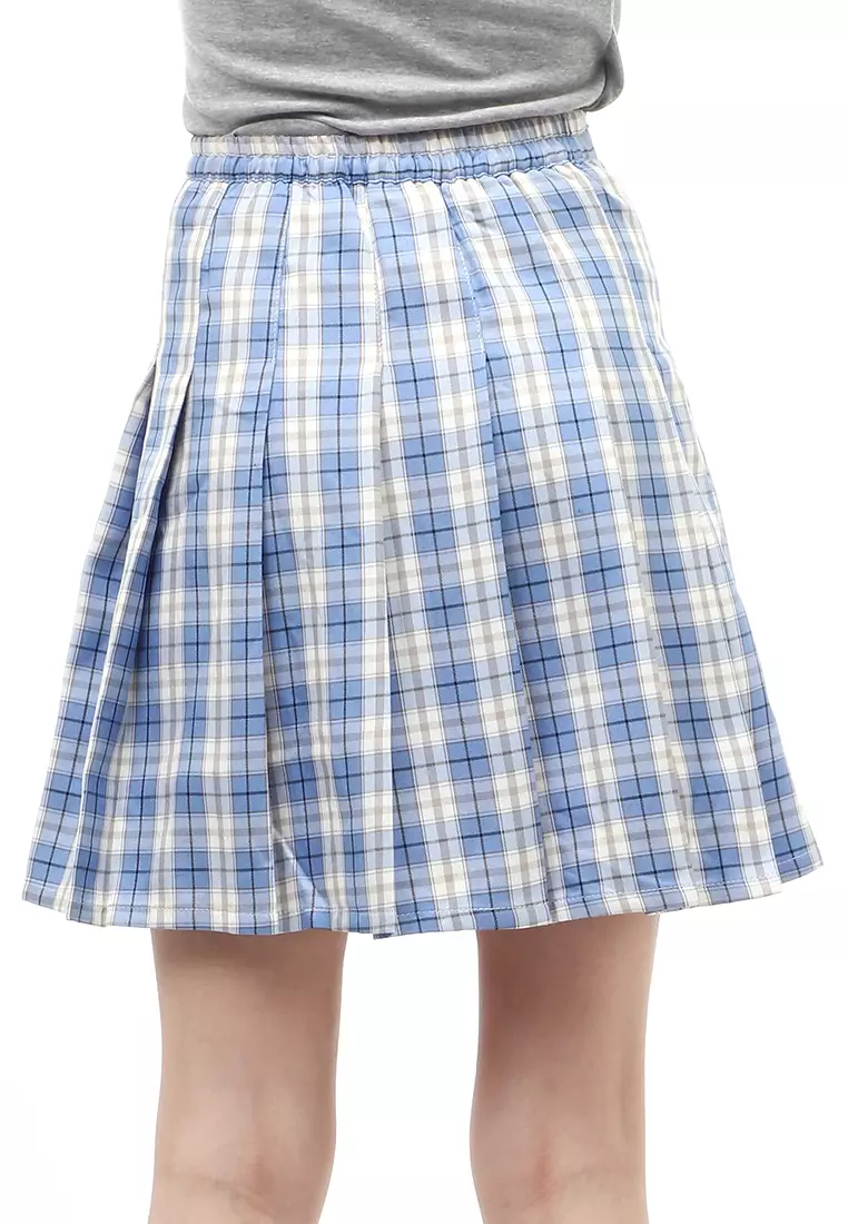 Rok Midi Wanita Motif Tartan Rubbery Waist Design Simple - Blue