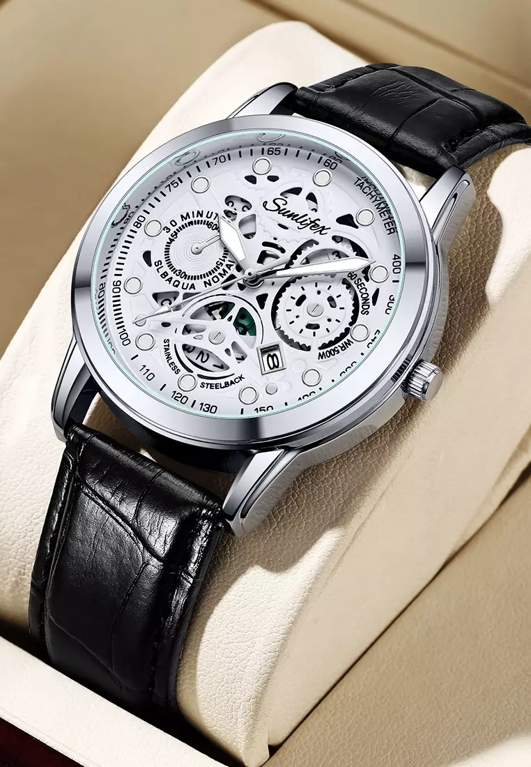 Jam Tangan Pria Dial Berongga Anti Air Kuarsa Tali Kulit Jam Pria Original Santai Mode Jam Tangan Cowok 7001 black white