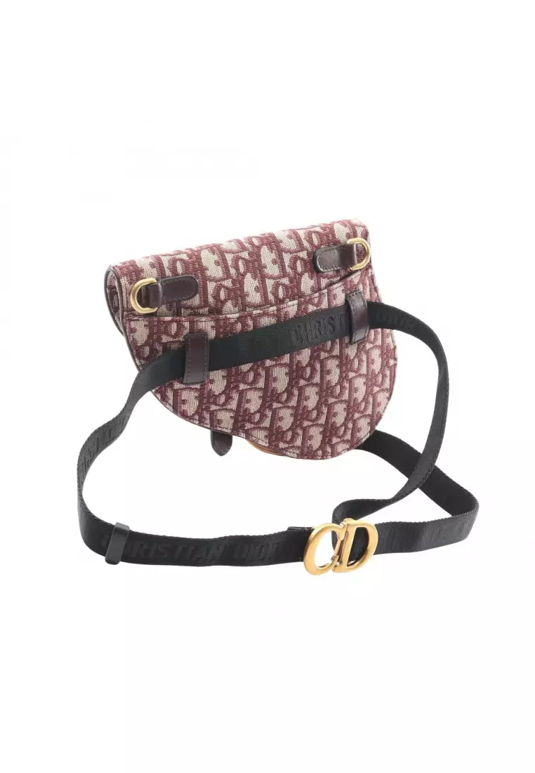 Pre-Loved Christian Dior SADDLE saddle oblique waist bag body bag canvas leather beige Bordeaux