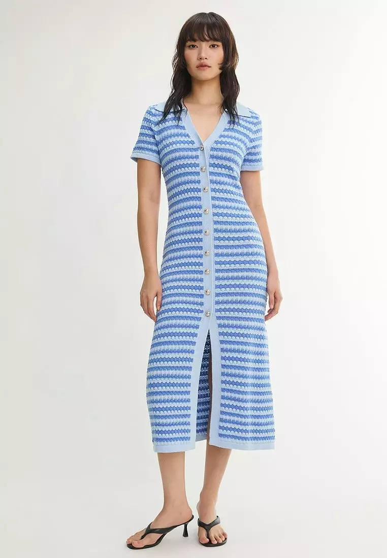 Striped Button Front Knit Polo Midi Dress - Aqua Blue