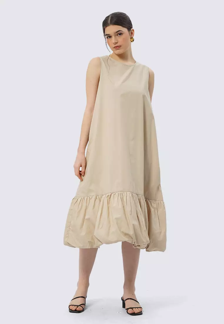 Sleeveless Balloon Midi Dress KHAKI
