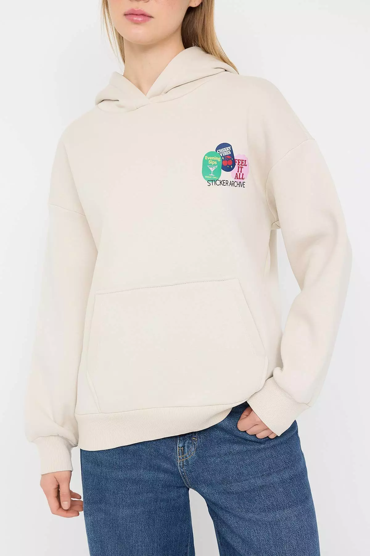 Stone Back Printed Hooded Oversize/Wide Pattern Knitted Sweatshirt