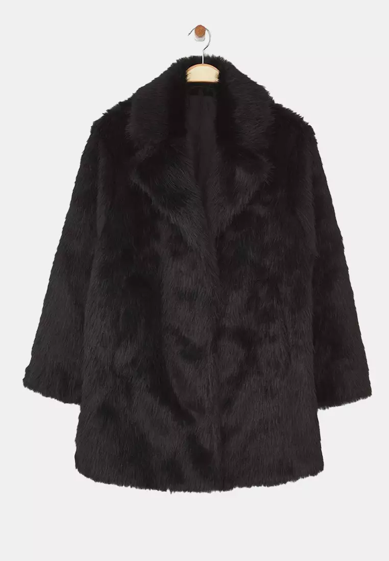 Black Fur Mono Closure Oversize Midi Coat Twoaw26Kb6