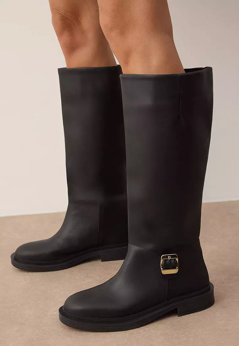 Gold Buckle Stitching Detailed Flat Heeled Boots